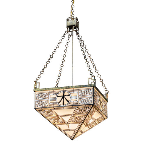 Meyda Lighting Shu 29" 4-Light Satin Brass Pendant Light With Beige & White Shade Glass