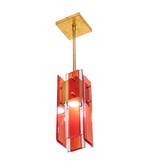 Meyda Lighting Shutter 7" Gold Nickel Mini Pendant Light With Red Sparkle Shade Glass