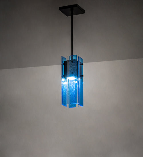 Meyda Lighting Shutter 7" Nickel Mini Pendant Light With Sparkle Blue Shade Glass
