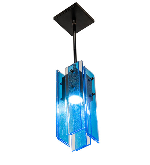 Meyda Lighting Shutter 7" Nickel Mini Pendant Light With Sparkle Blue Shade Glass