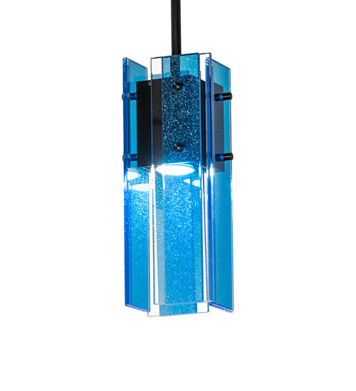 Meyda Lighting Shutter 7" Nickel Mini Pendant Light With Sparkle Blue Shade Glass