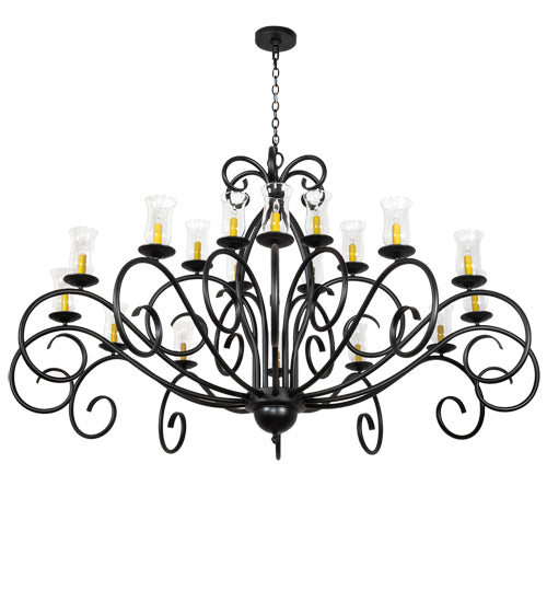 Meyda Lighting Sienna 72" 18-Light Satin Black Wrought Iron Chandelier With Clear Hurricane Shade Glass