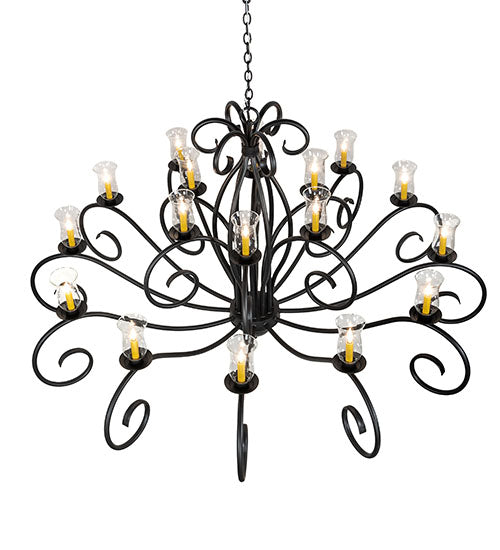 Meyda Lighting Sienna 72" 18-Light Satin Black Wrought Iron Chandelier With Clear Hurricane Shade Glass