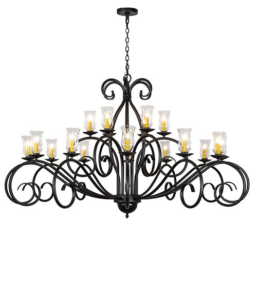 Meyda Lighting Sienna 72" 18-Light Satin Black Wrought Iron Chandelier With Clear Hurricane Shade Glass