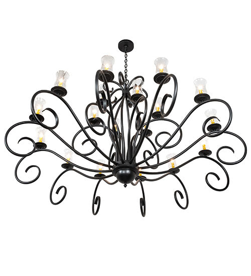 Meyda Lighting Sienna 72" 18-Light Satin Black Wrought Iron Chandelier With Clear Hurricane Shade Glass