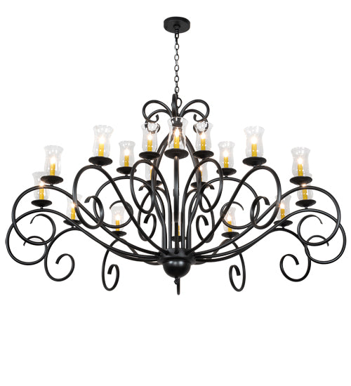 Meyda Lighting Sienna 72" 18-Light Satin Black Wrought Iron Chandelier With Clear Hurricane Shade Glass