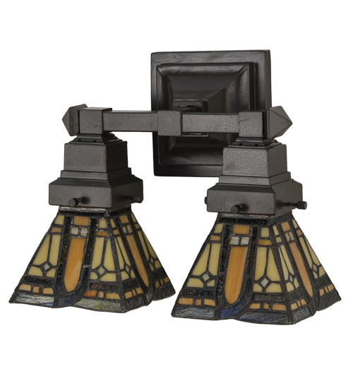 Meyda Lighting Sierra Prairie Mission 12" 2-Light Mahogany Bronze Wall Sconce With Multi-Colored Shade Glass