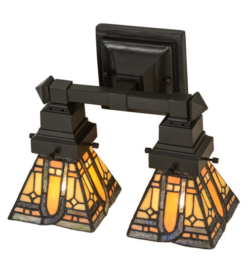 Meyda Lighting Sierra Prairie Mission 12" 2-Light Mahogany Bronze Wall Sconce With Multi-Colored Shade Glass