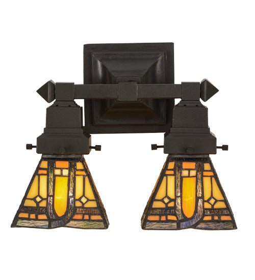 Meyda Lighting Sierra Prairie Mission 12" 2-Light Mahogany Bronze Wall Sconce With Multi-Colored Shade Glass