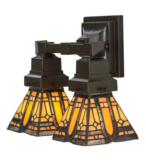 Meyda Lighting Sierra Prairie Mission 12" 2-Light Mahogany Bronze Wall Sconce With Multi-Colored Shade Glass