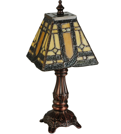 Meyda Lighting Sierra Prairie Mission 12" Mahogany Bronze Mini Table Lamp With Amber Shade Glass