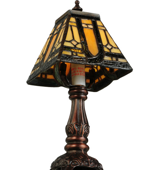 Meyda Lighting Sierra Prairie Mission 12" Mahogany Bronze Mini Table Lamp With Amber Shade Glass