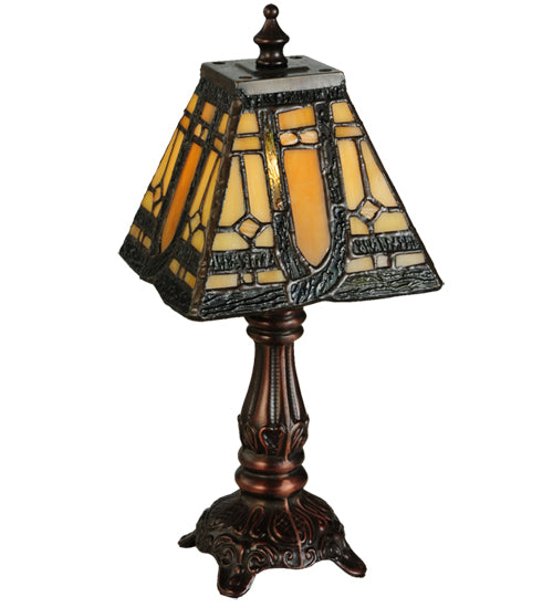 Meyda Lighting Sierra Prairie Mission 12" Mahogany Bronze Mini Table Lamp With Amber Shade Glass