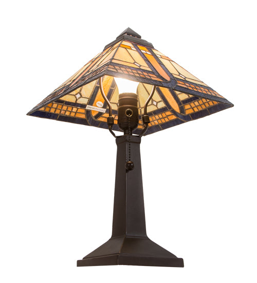 Meyda Lighting Sierra Prairie Mission 16" Mahogany Bronze Accent Table Lamp With Beige and Amber Shade Glass