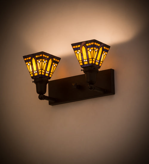 Meyda Lighting Sierra Prairie Mission 17" 2-Light Cafe Noir Wall Sconce With Yellow & Beige Shade Glass