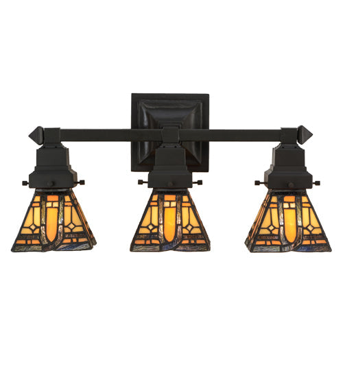 Meyda Lighting Sierra Prairie Mission 20" 3-Light Mahogany Bronze Vanity Light With Multi-Colored Shade Glass