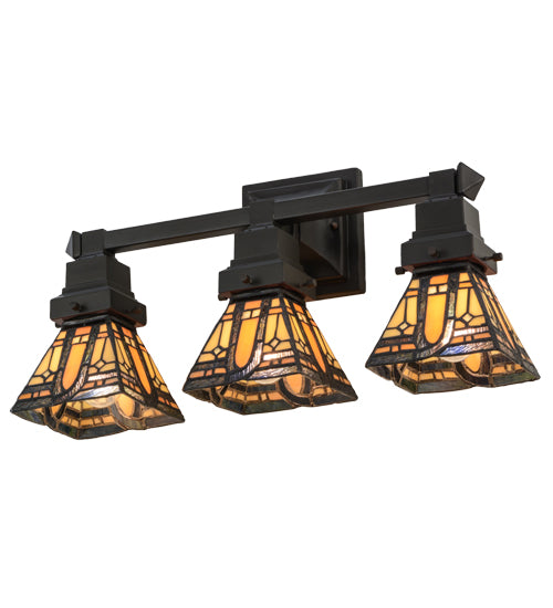 Meyda Lighting Sierra Prairie Mission 20" 3-Light Mahogany Bronze Vanity Light With Multi-Colored Shade Glass