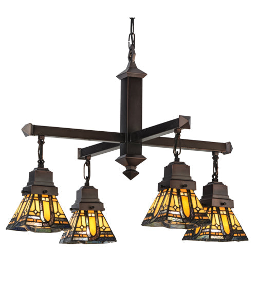 Meyda Lighting Sierra Prairie Mission 26" 4-Light Mahogany Bronze Chandelier With Multi-Colored Shade Glass