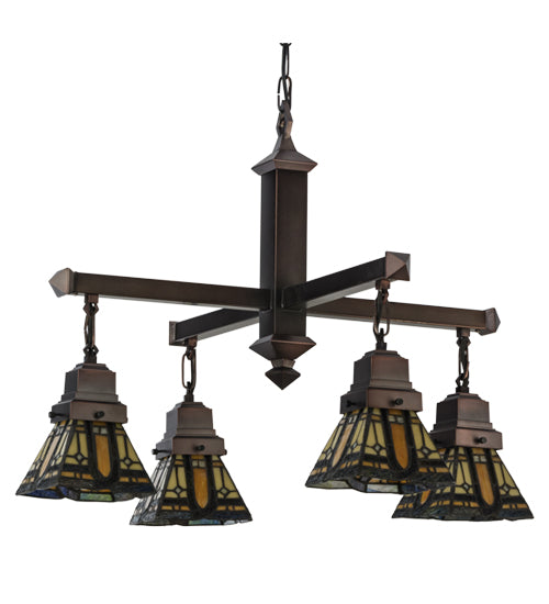 Meyda Lighting Sierra Prairie Mission 26" 4-Light Mahogany Bronze Chandelier With Multi-Colored Shade Glass