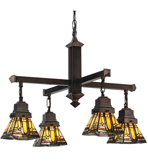 Meyda Lighting Sierra Prairie Mission 26" 4-Light Mahogany Bronze Chandelier With Multi-Colored Shade Glass