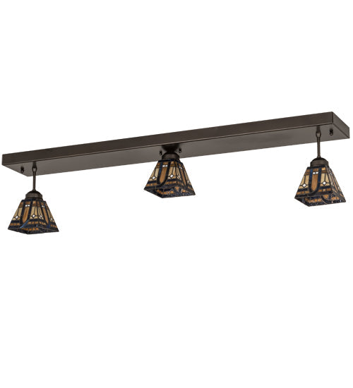Meyda Lighting Sierra Prairie Mission 46" 3-Light Exterior Oil Rubbed Bronze Island Flush Mount Light With Beige & Blue Stained Shade Glass