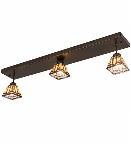 Meyda Lighting Sierra Prairie Mission 46" 3-Light Exterior Oil Rubbed Bronze Island Flush Mount Light With Beige & Blue Stained Shade Glass