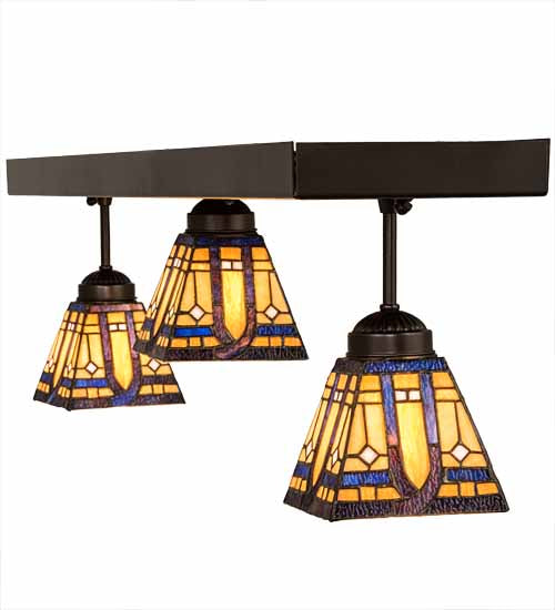 Meyda Lighting Sierra Prairie Mission 46" 3-Light Exterior Oil Rubbed Bronze Island Flush Mount Light With Beige & Blue Stained Shade Glass