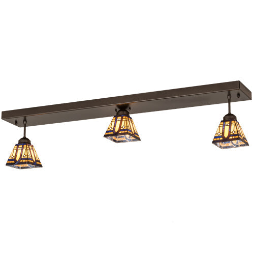Meyda Lighting Sierra Prairie Mission 46" 3-Light Exterior Oil Rubbed Bronze Island Flush Mount Light With Beige & Blue Stained Shade Glass
