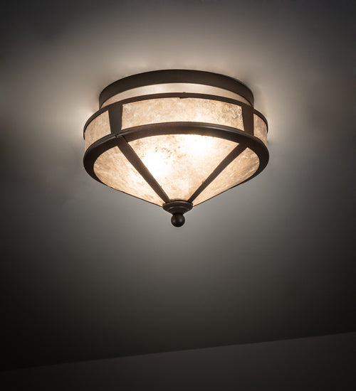Meyda Lighting Simple 13" 2-Light Rust Over Wrought Iron Flush Mount Light With Silver Mica Shade Glass