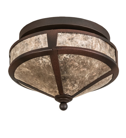 Meyda Lighting Simple 13" 2-Light Rust Over Wrought Iron Flush Mount Light With Silver Mica Shade Glass