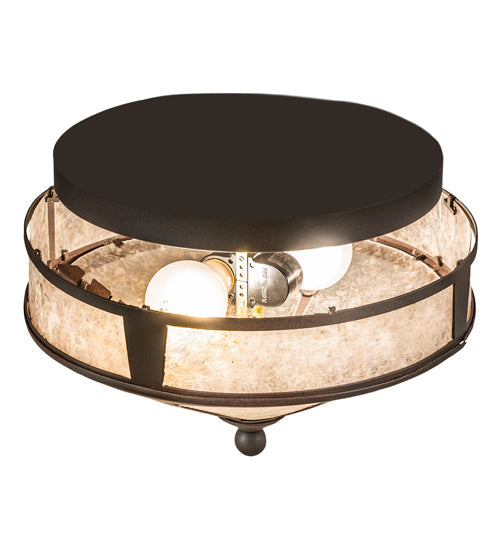 Meyda Lighting Simple 13" 2-Light Rust Over Wrought Iron Flush Mount Light With Silver Mica Shade Glass