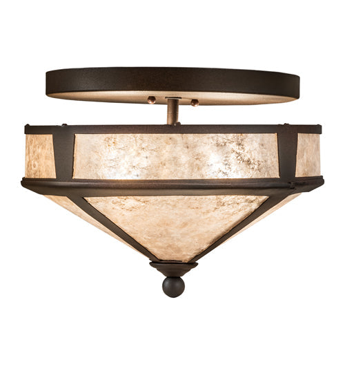 Meyda Lighting Simple 13" 2-Light Rust Over Wrought Iron Flush Mount Light With Silver Mica Shade Glass