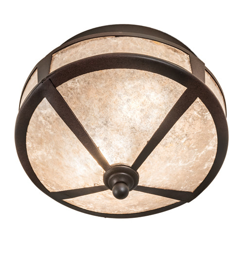Meyda Lighting Simple 13" 2-Light Rust Over Wrought Iron Flush Mount Light With Silver Mica Shade Glass