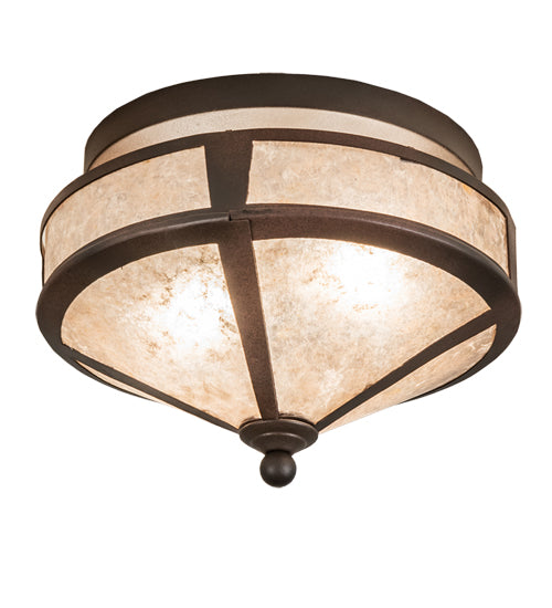 Meyda Lighting Simple 13" 2-Light Rust Over Wrought Iron Flush Mount Light With Silver Mica Shade Glass