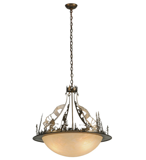 Meyda Lighting Ski Adventure 30" 4-Light Antique Copper Inverted Pendant Light With Beige Shade
