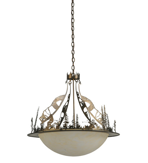 Meyda Lighting Ski Adventure 30" 4-Light Antique Copper Inverted Pendant Light With Beige Shade