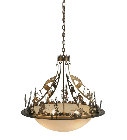 Meyda Lighting Ski Adventure 30" 4-Light Antique Copper Inverted Pendant Light With Beige Shade