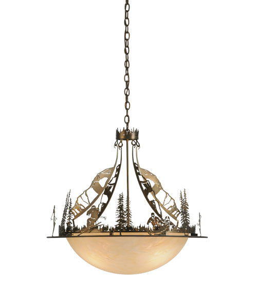 Meyda Lighting Ski Adventure 30" 4-Light Antique Copper Inverted Pendant Light With Beige Shade