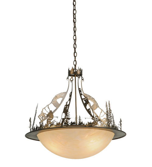 Meyda Lighting Ski Adventure 30" 4-Light Antique Copper Inverted Pendant Light With Beige Shade