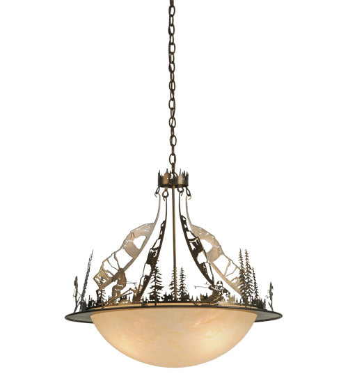 Meyda Lighting Ski Adventure 30" 4-Light Antique Copper Inverted Pendant Light With Beige Shade