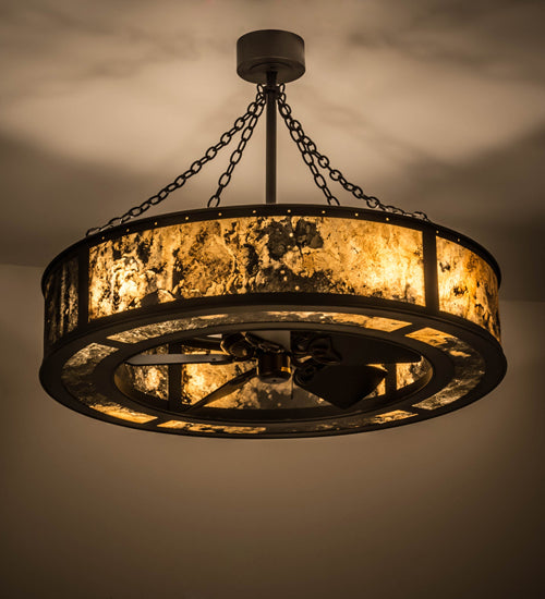 Meyda Lighting Smythe 44" 8-Light Wrought Iron Chandelier With Quarrystone Optyka-Lite Shade and Fan