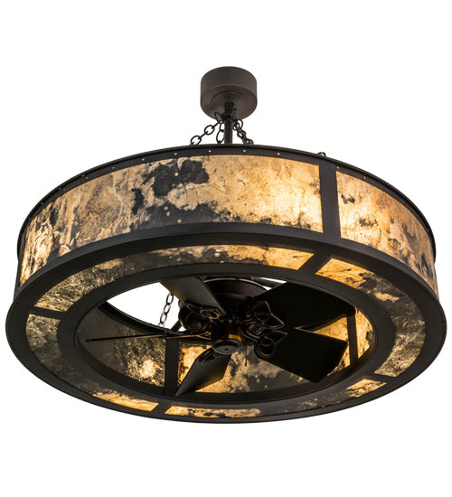 Meyda Lighting Smythe 44" 8-Light Wrought Iron Chandelier With Quarrystone Optyka-Lite Shade and Fan