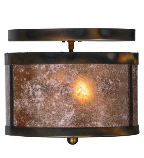Meyda Lighting Smythe Craftsman 12" 2-Light Dark Burnished Antique Copper Flush Mount Light With Silver Mica Shade Glass