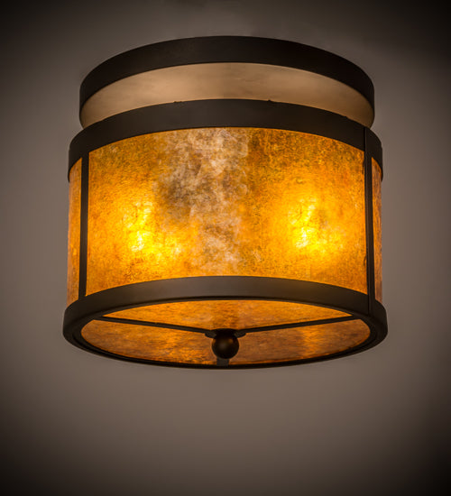 Meyda Lighting Smythe Craftsman 12" 2-Light Oil Rubbed Bronze Flush Mount Light With Amber Mica Shade Glass
