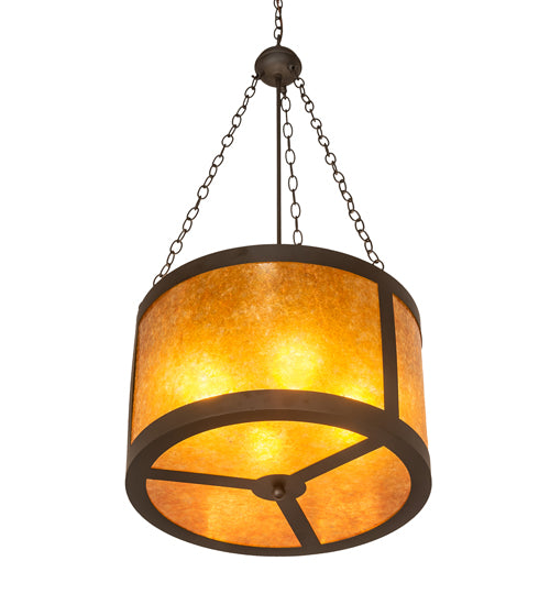 Meyda Lighting Smythe Craftsman 22" 4-Light Oil Rubbed Bronze Inverted Pendant Light With Amber Mica Shade Glass
