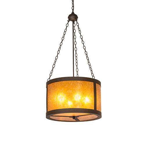 Meyda Lighting Smythe Craftsman 22" 4-Light Oil Rubbed Bronze Inverted Pendant Light With Amber Mica Shade Glass
