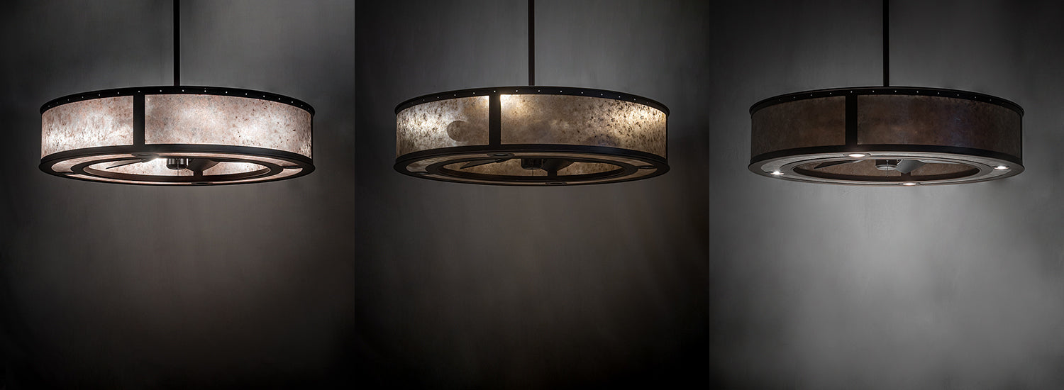 Meyda Lighting Smythe Craftsman 260368 45" 16-Light Mahogany Bronze Chandelier With Silver Mica Shade Glass and Fan