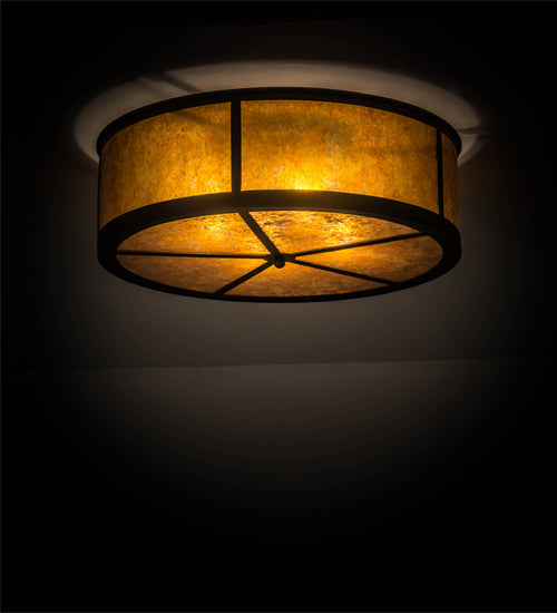 Meyda Lighting Smythe Craftsman 28" 4-Light Oil Rubbed Bronze Flush Mount Light With Amber Mica Shade Glass
