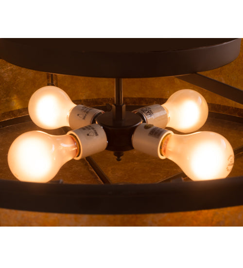 Meyda Lighting Smythe Craftsman 28" 4-Light Oil Rubbed Bronze Flush Mount Light With Amber Mica Shade Glass
