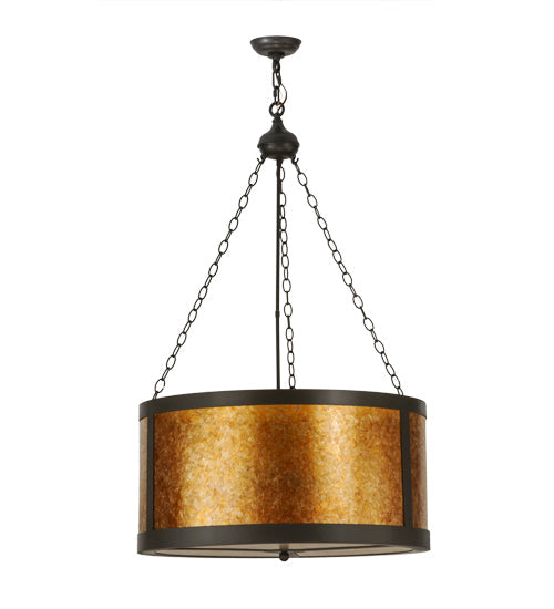 Meyda Lighting Smythe Craftsman 28" 4-Light Timeless Bronze Inverted Pendant Light With Amber Mica Shade Glass